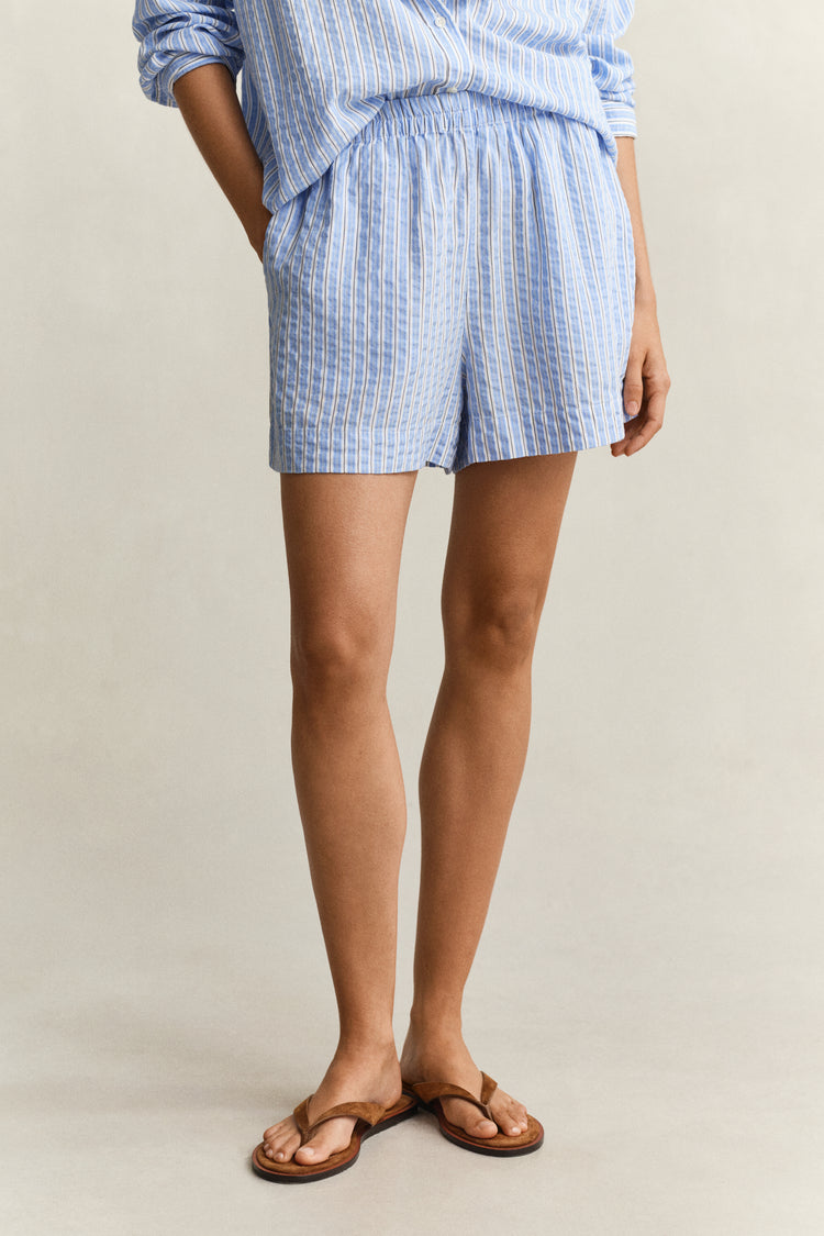 Lyocellowe szorty damskie w paski regular fit niebieskie