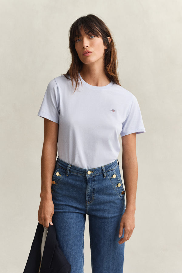 Bawełniana koszulka damska z okrągłym dekoltem regular fit błękitna