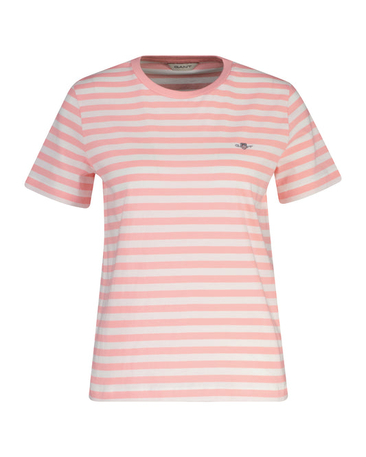 Bawełniana koszulka damska w paski z okrągłym kołnierzykiem regular fit