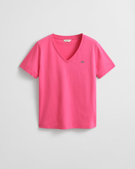 Bawełniana koszulka damska z dekoltem V regular fit różowa