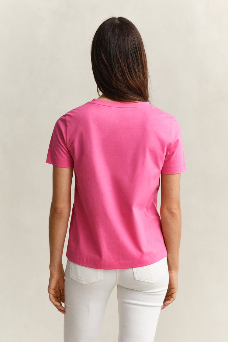 Bawełniana koszulka damska z dekoltem V regular fit różowa