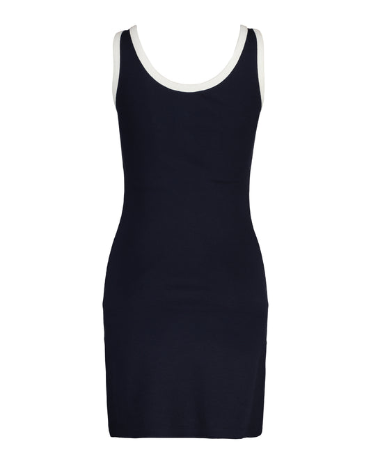 Sukienka damska z okrągłym kołnierzykiem bez rękawów slim fit granatowa