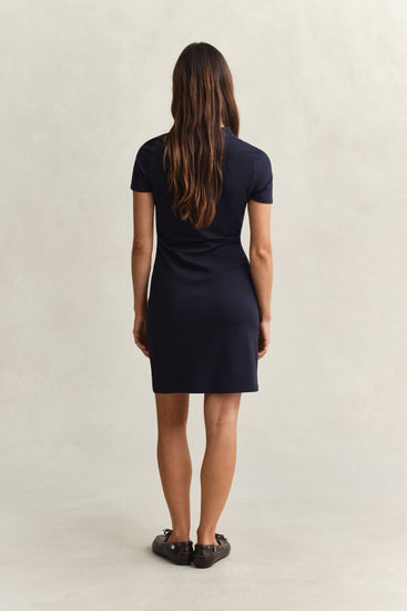 Sukienka damska z kołnierzykiem poloi i krótkim rękawem slim fit granatowa