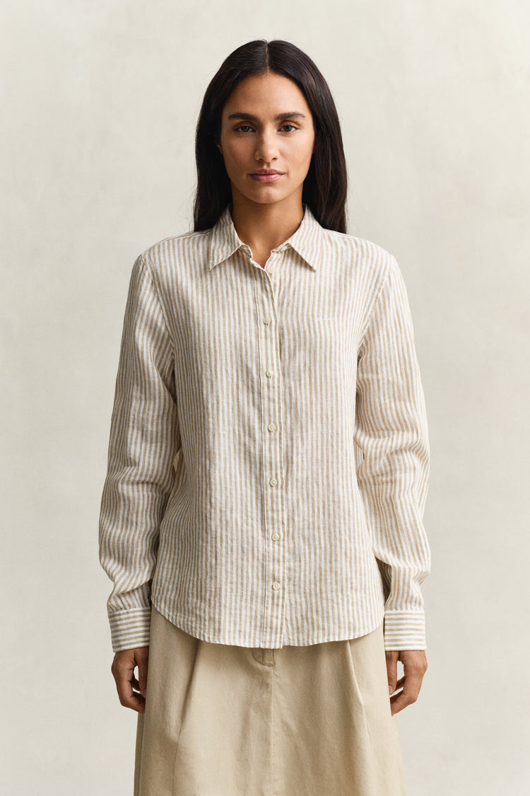 Lniana koszula damska w paski długi rękaw regular fit beżowa