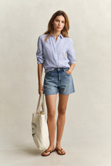 Lniana koszula damska w paski z długim rękawem regular fit