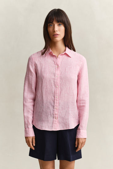 Lniana koszula damska w paski z długim rękawem regular fit