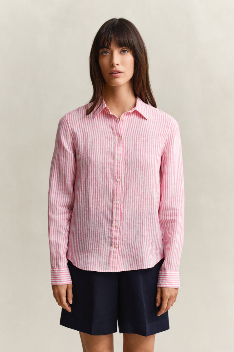 Lniana koszula damska w paski z długim rękawem regular fit