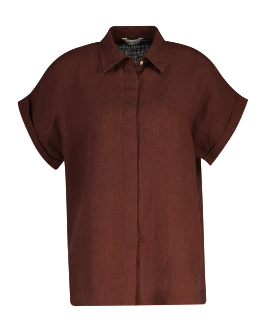 Lniana koszula damska z krótkim rękawem relaxed fit brązowa