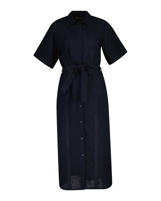 Lniana sukienka damska z kołnierzem koszulowym i krótkim rękawem regular fit