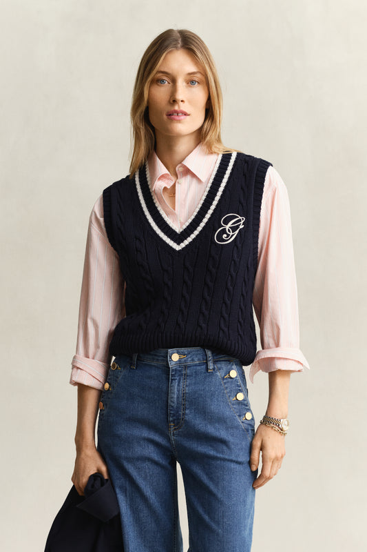 Bawełniany bezrękawnik damski z dekoltem V regular fit granatowy