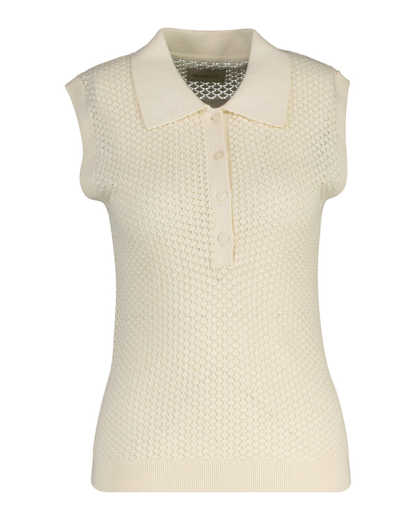 Sweter damski z kołnierzykiem polo bez rękawów slim fit biały