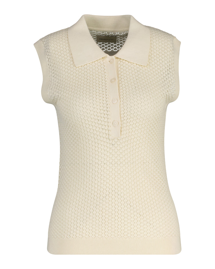 Sweter damski z kołnierzykiem polo bez rękawów slim fit biały