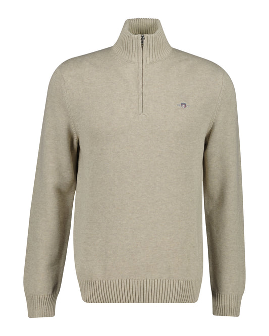 Bawełniany sweter męski z zamkiem do połowy regular fit beżowy