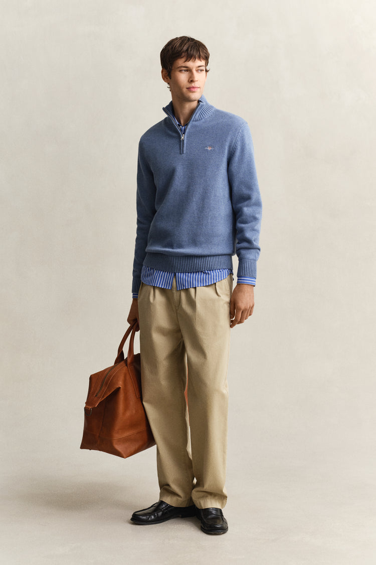 Bawełniany sweter męski z zamkiem do połowy regular fit niebieski