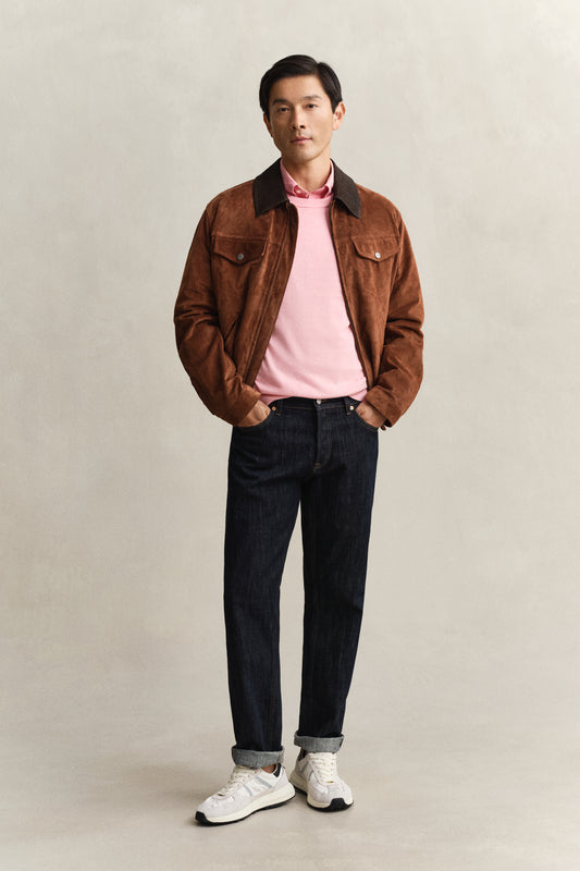 Bawełniany sweter męski z okrągłym dekoltem regular fit różowy