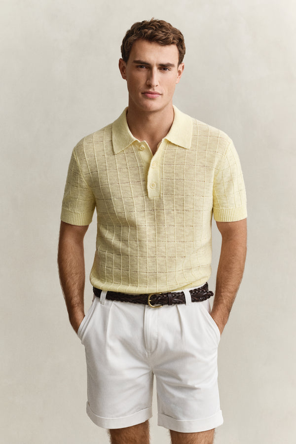 Sweter męski z kołnierzykiem polo z krótkim rękawem regular fit żółty