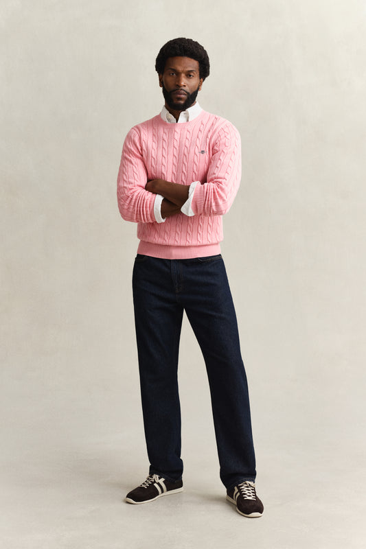 Bawełniany sweter męski z okrągłym dekoltem regular fit różowy