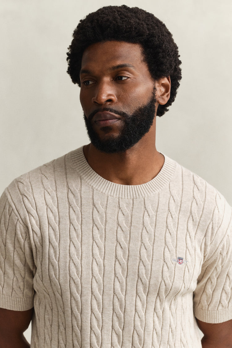 Bawełniany sweter męski z okrągłym dekoltem i krótkim rękawem regular fit