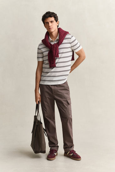 Koszulka polo z bawełny pima męska w paski regular fit kremowa