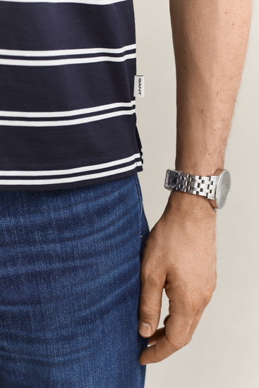 Koszulka polo z bawełny pima męska w paski regular fit granatowa