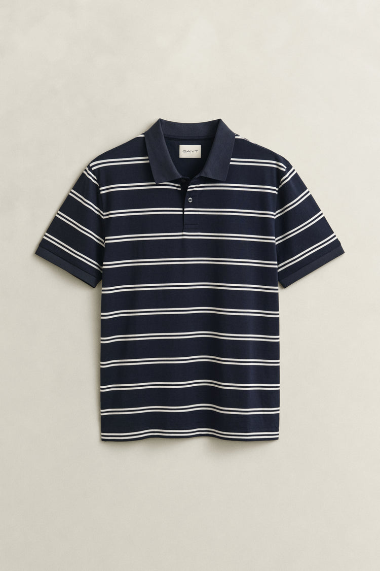 Koszulka polo z bawełny pima męska w paski regular fit granatowa