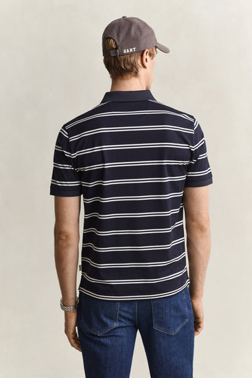Koszulka polo z bawełny pima męska w paski regular fit granatowa