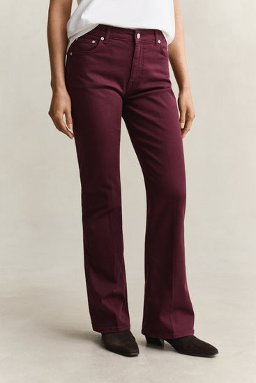Jeansy kolorowe damskie flare fit bordowe