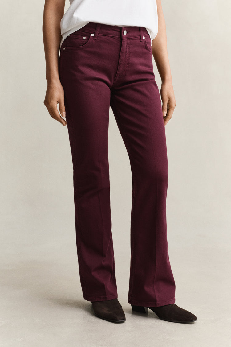 Jeansy kolorowe damskie flare fit bordowe
