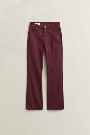 Jeansy kolorowe damskie flare fit bordowe