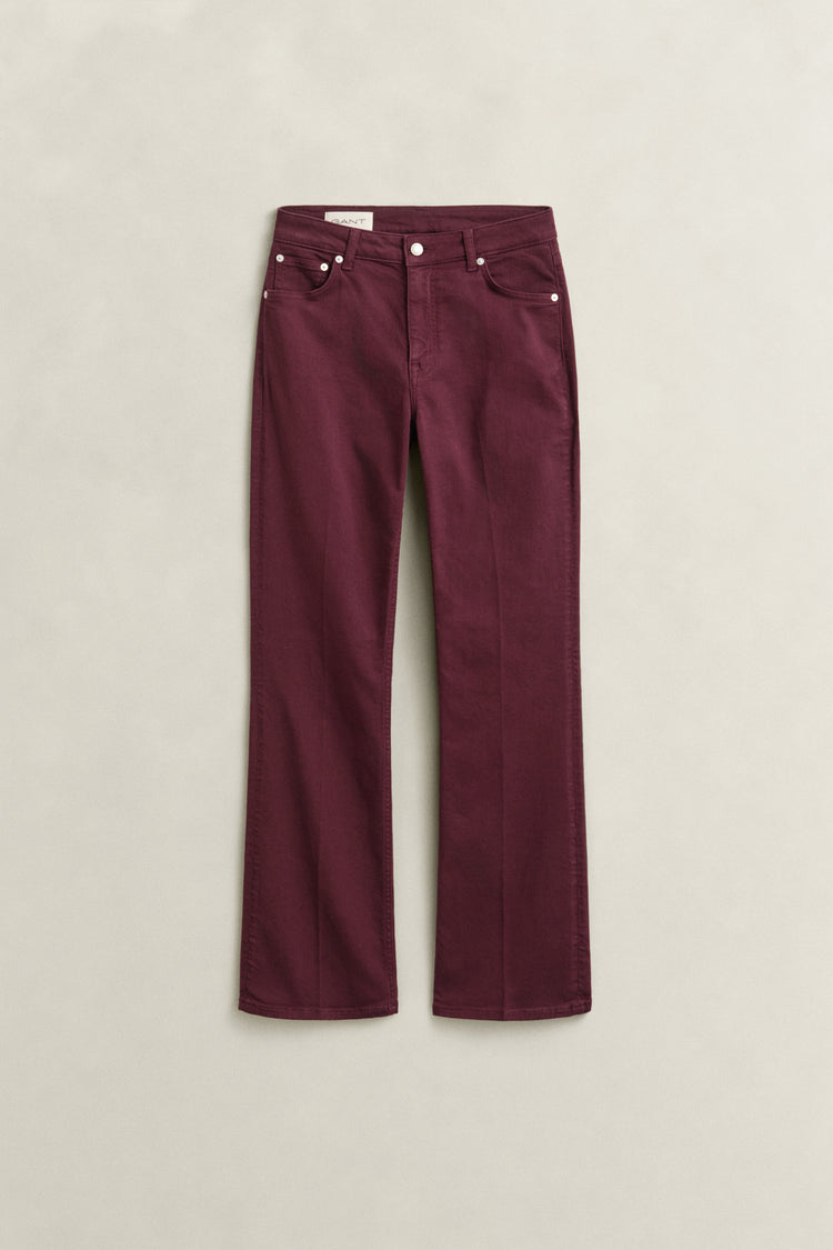 Jeansy kolorowe damskie flare fit bordowe