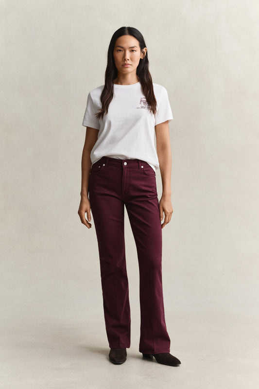 Jeansy kolorowe damskie flare fit bordowe