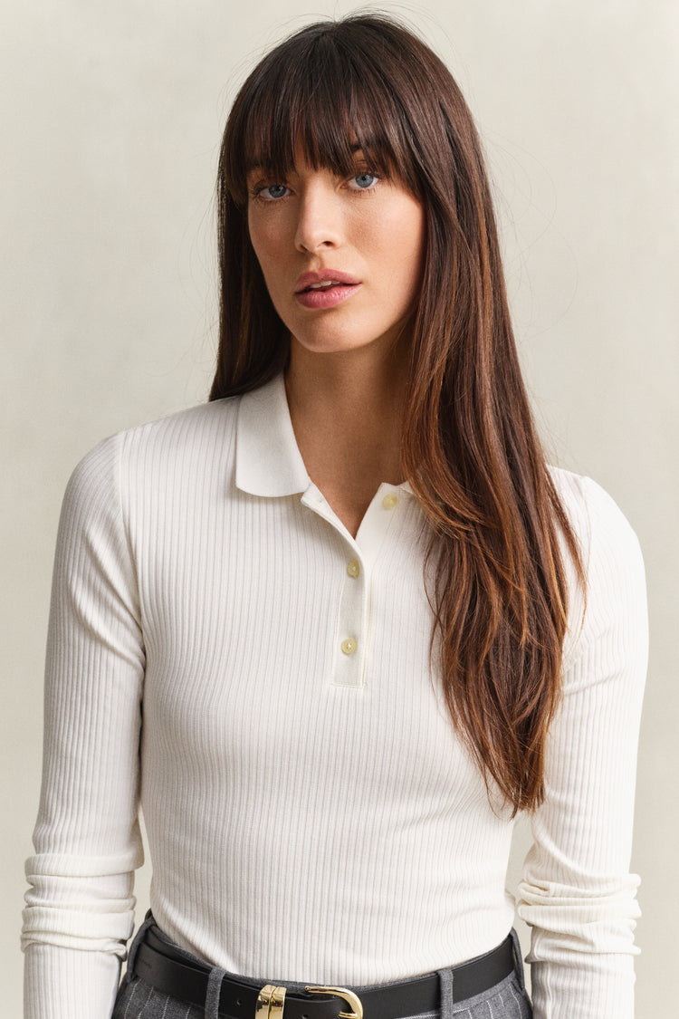 Koszulka polo prążkowana damska slim fit kremowa