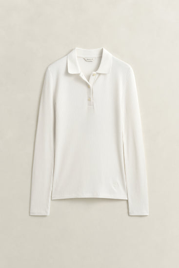 Koszulka polo prążkowana damska slim fit kremowa