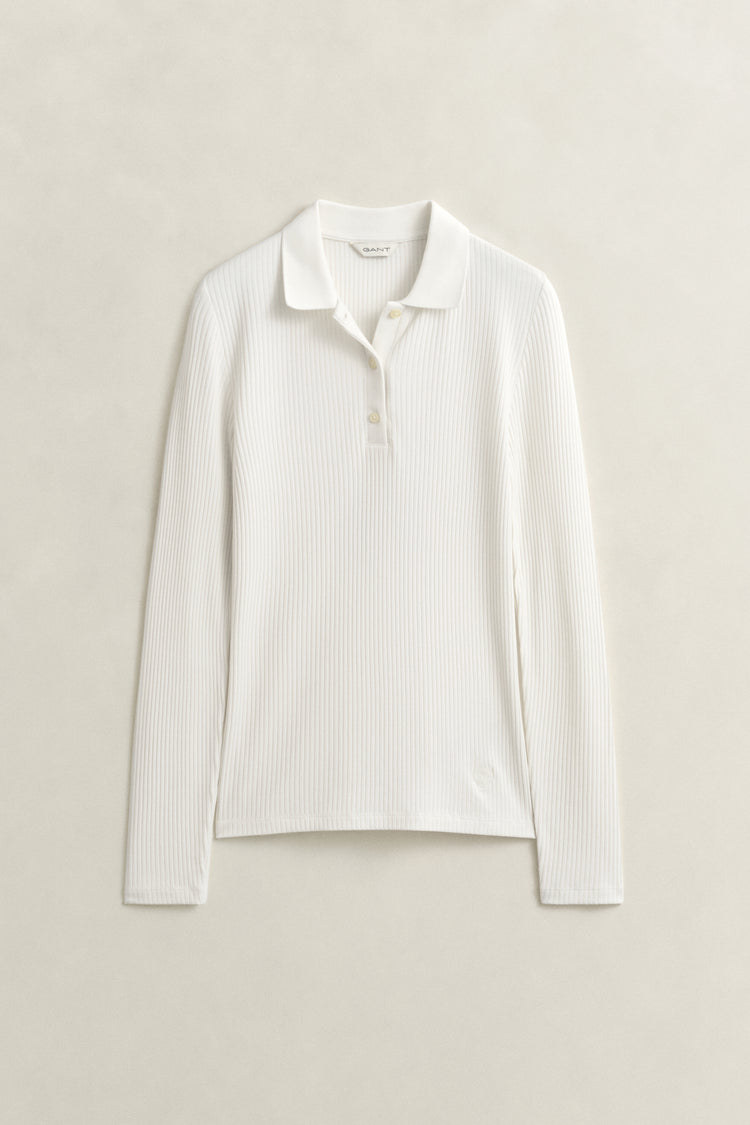 Koszulka polo prążkowana damska slim fit kremowa