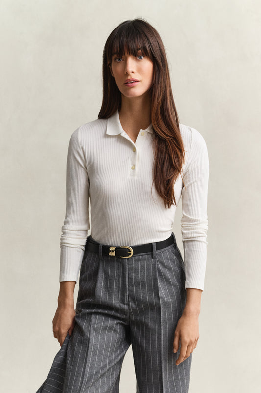 Koszulka polo prążkowana damska slim fit kremowa
