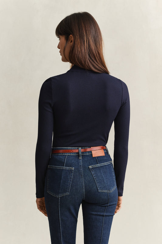 Koszulka polo prążkowana damska slim fit granatowa