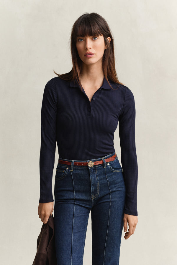 Koszulka polo prążkowana damska slim fit granatowa