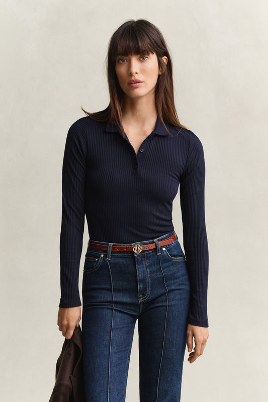 Koszulka polo prążkowana damska slim fit granatowa