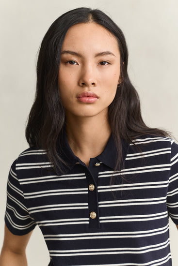 Koszulka polo damska w paski regular fit granatowa