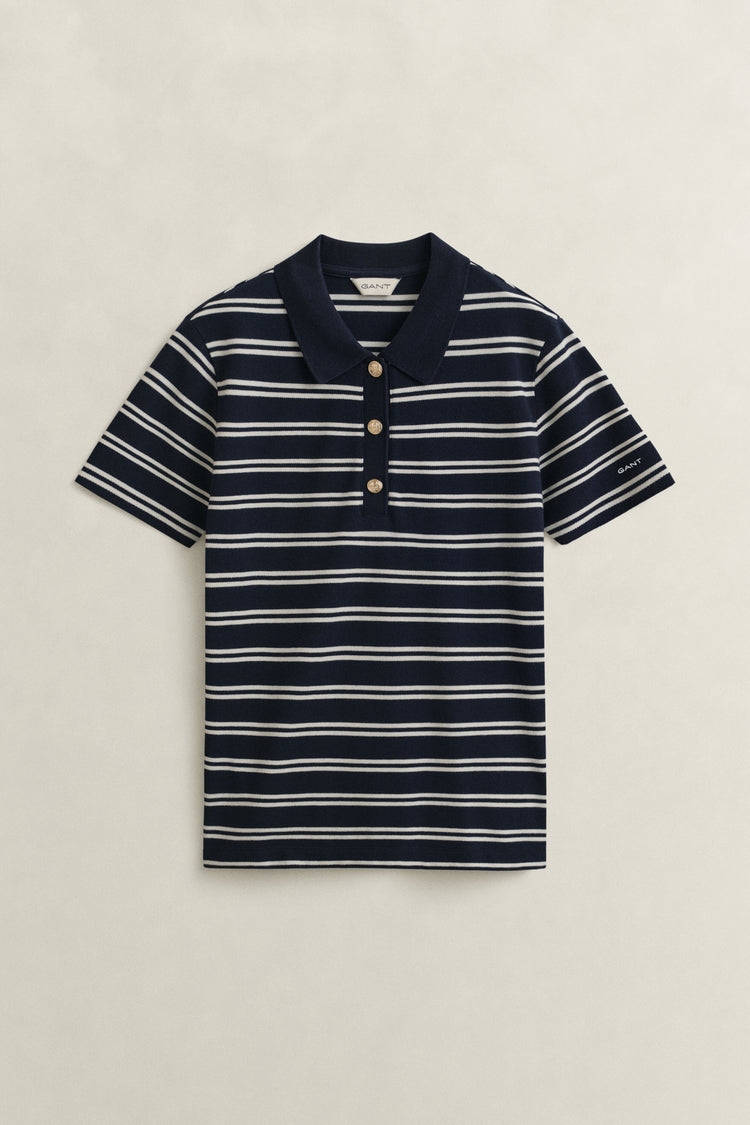 Koszulka polo damska w paski regular fit granatowa