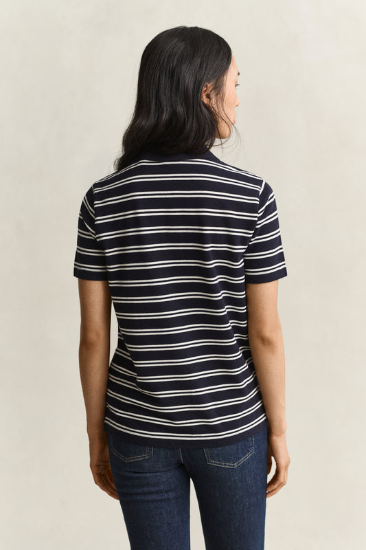 Koszulka polo damska w paski regular fit granatowa