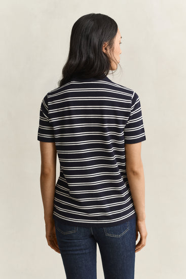 Koszulka polo damska w paski regular fit granatowa