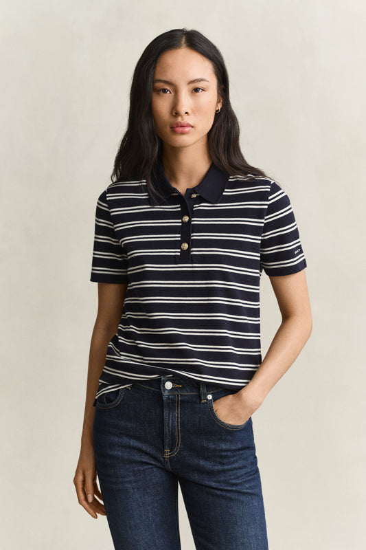 Koszulka polo damska w paski regular fit granatowa