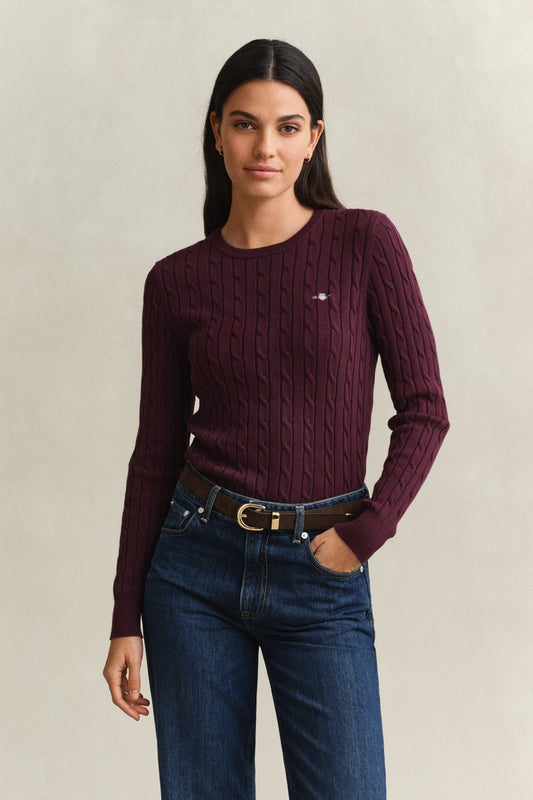Bawełniany sweter damski z okrągłym kołnierzykiem bordowy