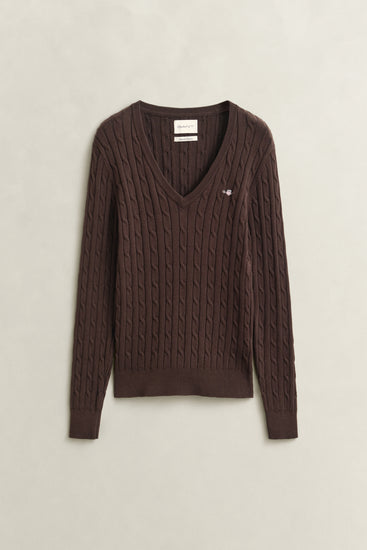 Sweter damski z dekoltem V z długim rękawem slim fit brązowy