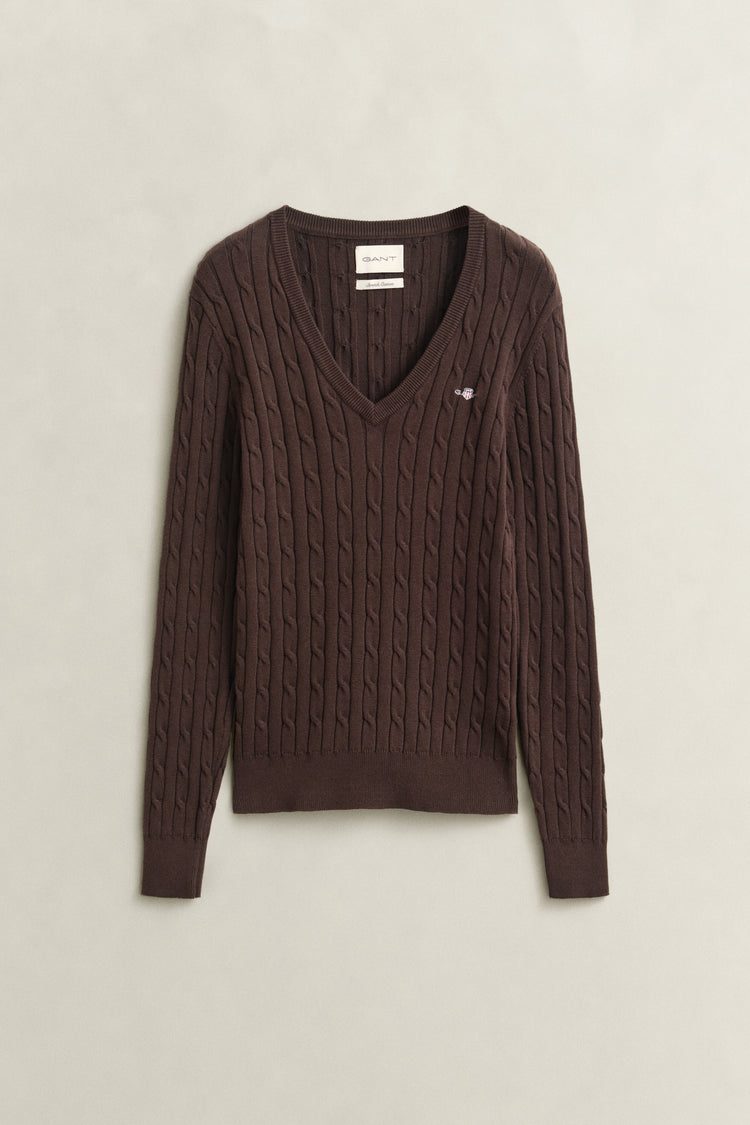Sweter damski z dekoltem V z długim rękawem slim fit brązowy