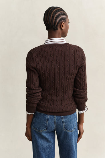 Sweter damski z dekoltem V z długim rękawem slim fit brązowy