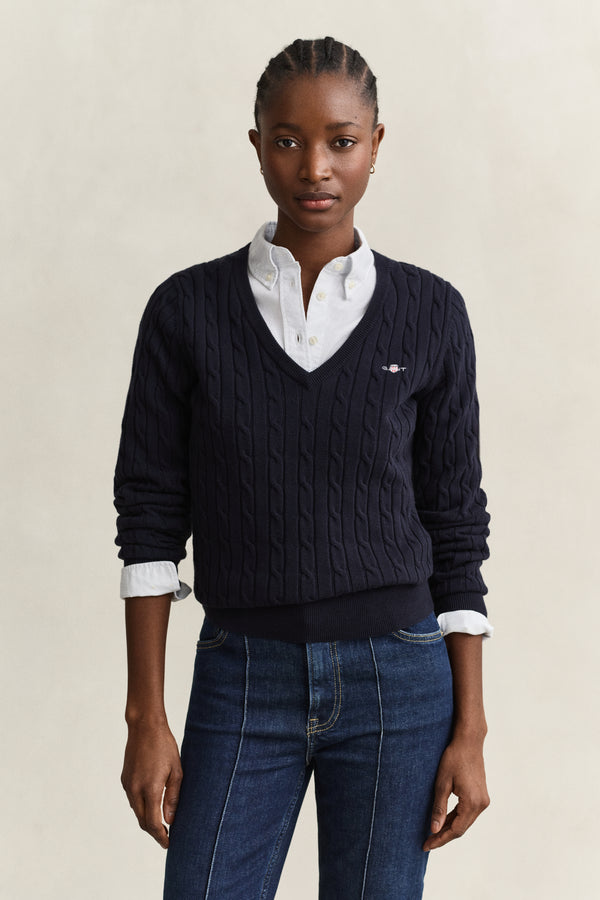 Sweter damski z dekoltem V slim fit granatowy