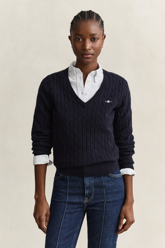 Sweter damski z dekoltem V slim fit granatowy