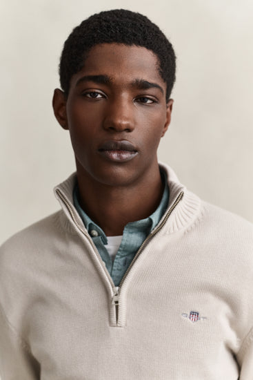 Bawełniany sweter męski half zip kremowy